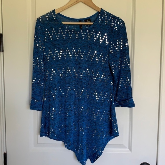New Directions Asymmetrical Sequined Blouse Blue S - Picture 1 of 8